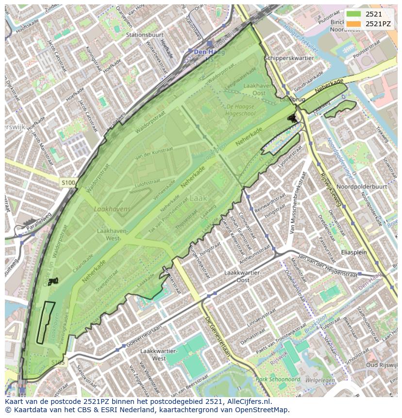 Afbeelding van het postcodegebied 2521 PZ op de kaart.