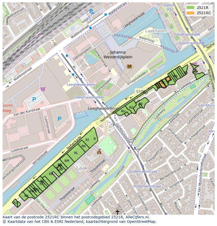 Afbeelding van het postcodegebied 2521 RC op de kaart.