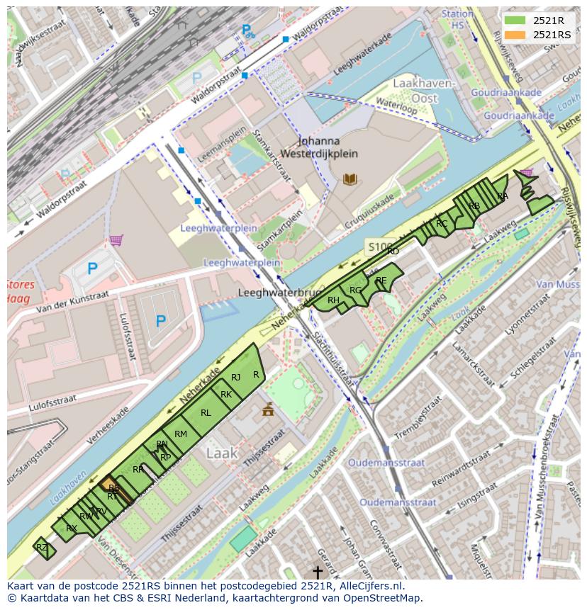 Afbeelding van het postcodegebied 2521 RS op de kaart.