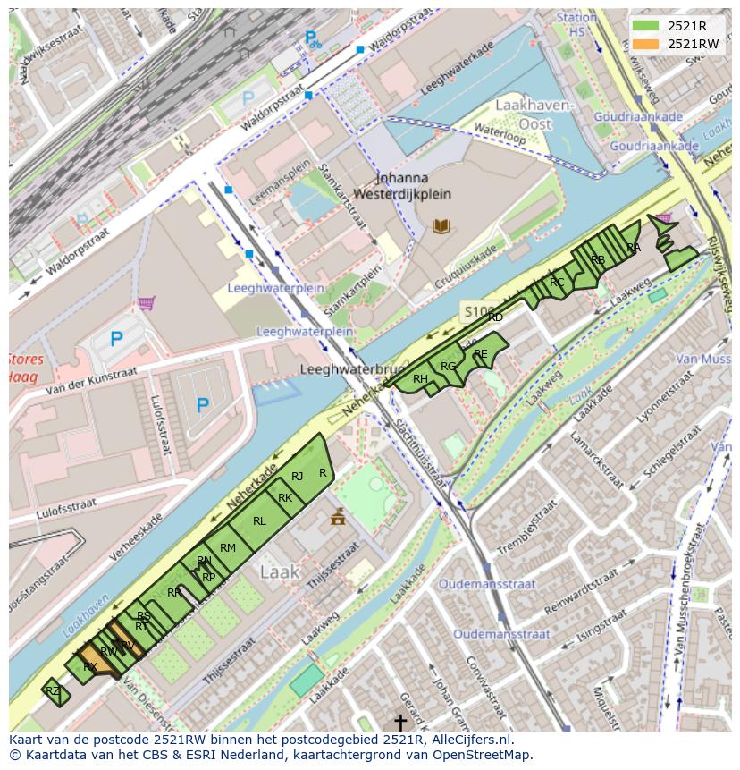 Afbeelding van het postcodegebied 2521 RW op de kaart.