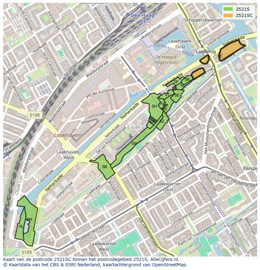 Afbeelding van het postcodegebied 2521 SC op de kaart.