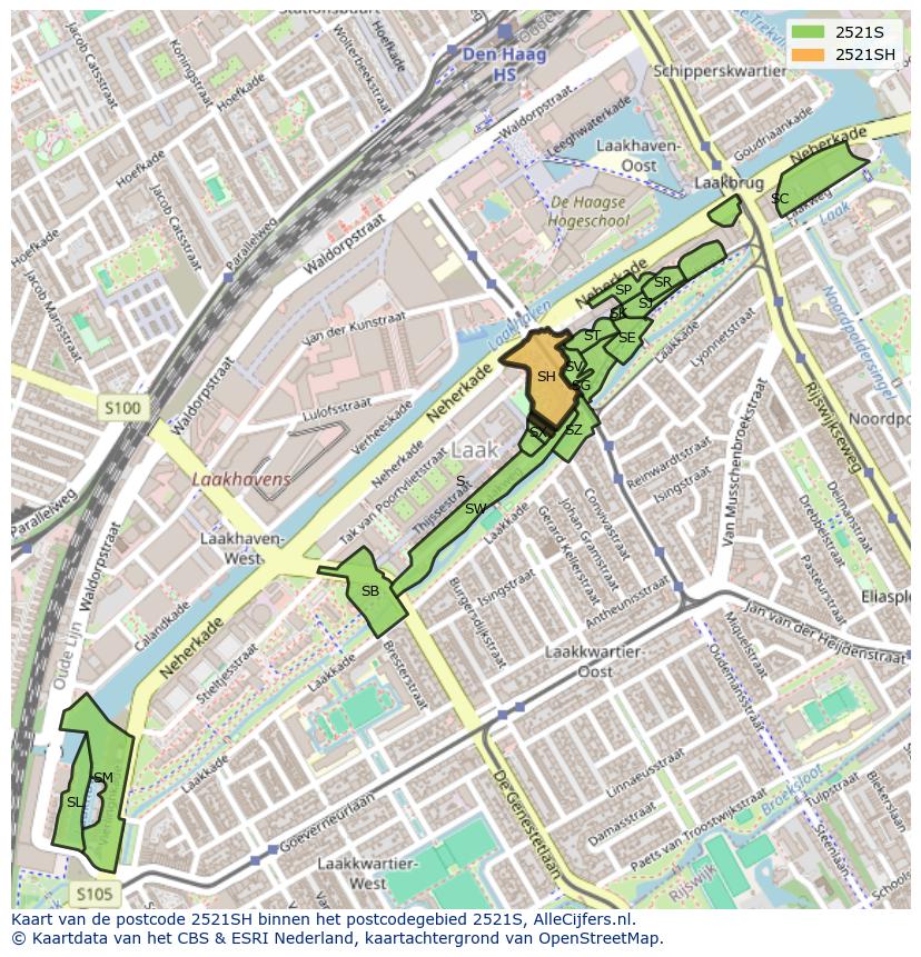 Afbeelding van het postcodegebied 2521 SH op de kaart.