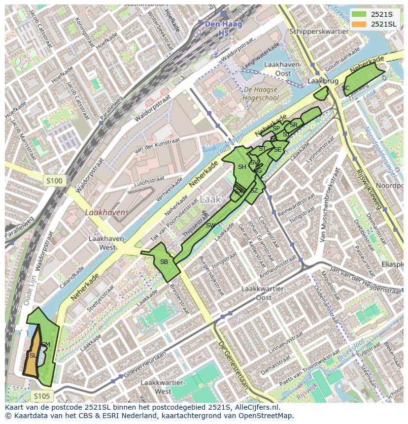 Afbeelding van het postcodegebied 2521 SL op de kaart.