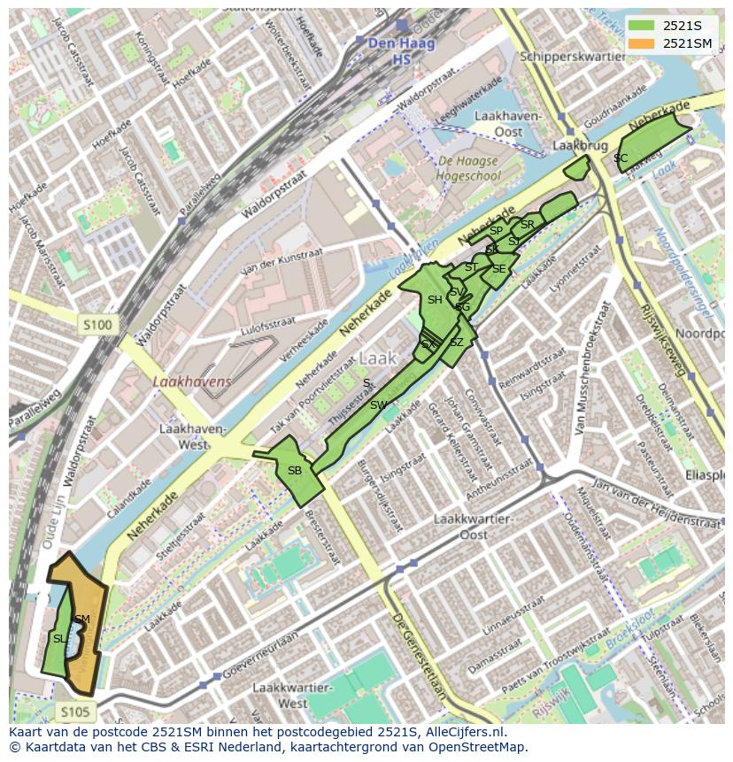 Afbeelding van het postcodegebied 2521 SM op de kaart.