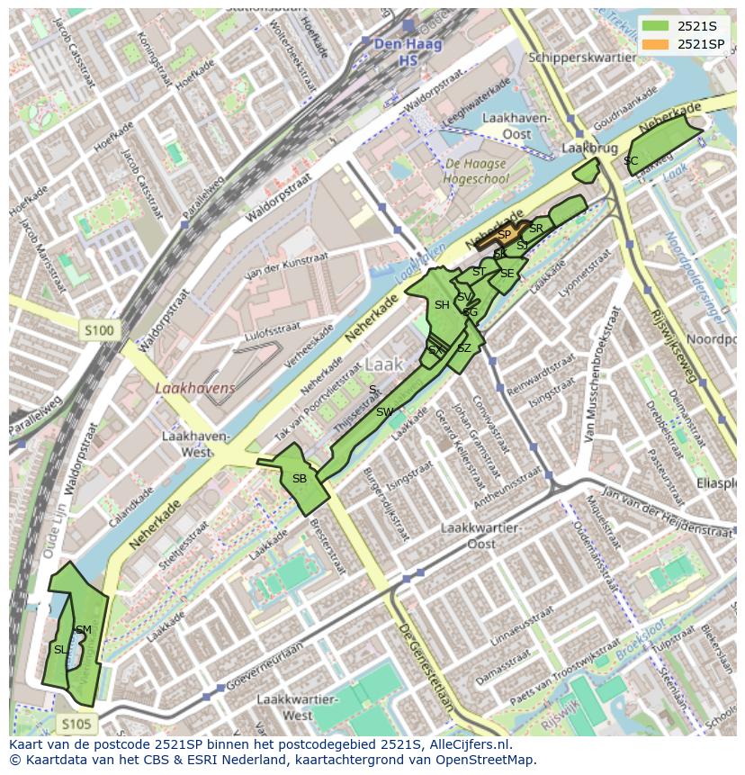 Afbeelding van het postcodegebied 2521 SP op de kaart.