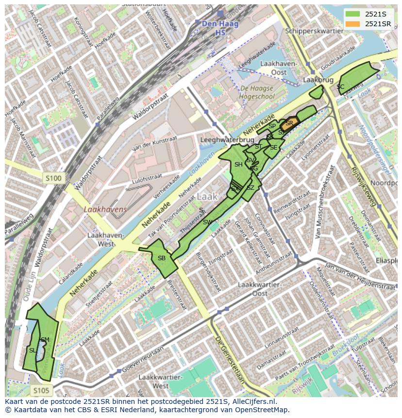 Afbeelding van het postcodegebied 2521 SR op de kaart.