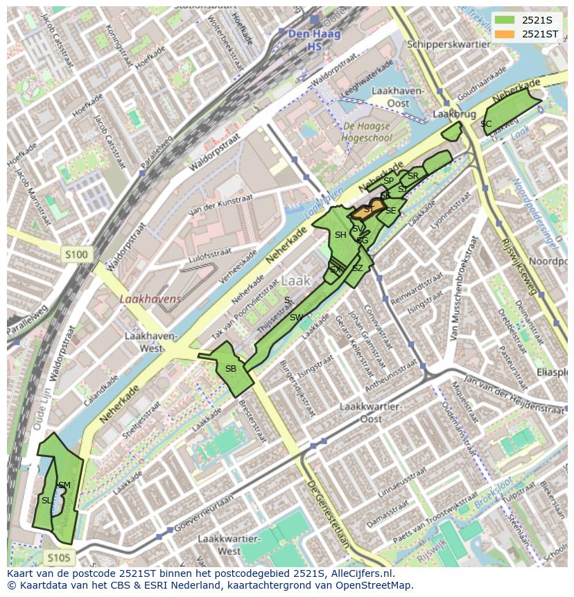 Afbeelding van het postcodegebied 2521 ST op de kaart.