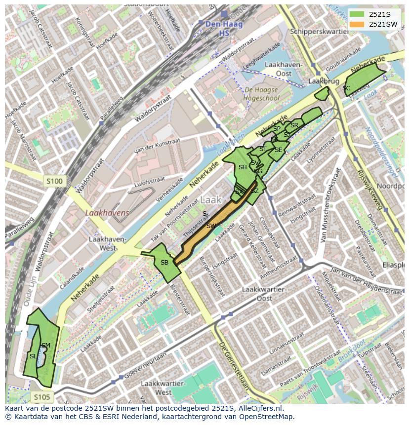 Afbeelding van het postcodegebied 2521 SW op de kaart.