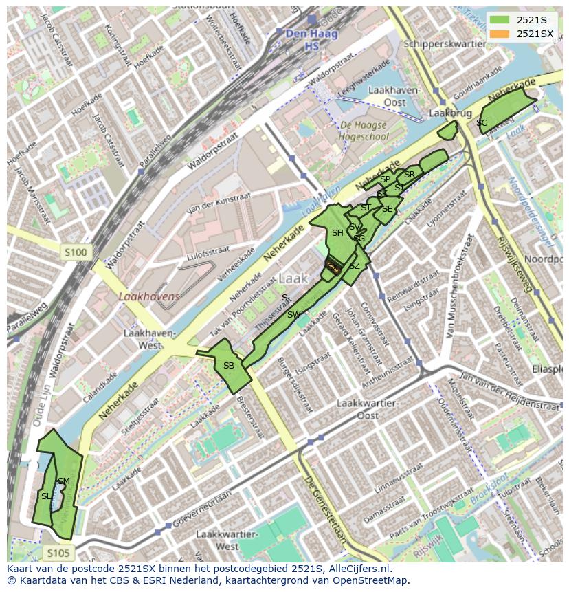 Afbeelding van het postcodegebied 2521 SX op de kaart.