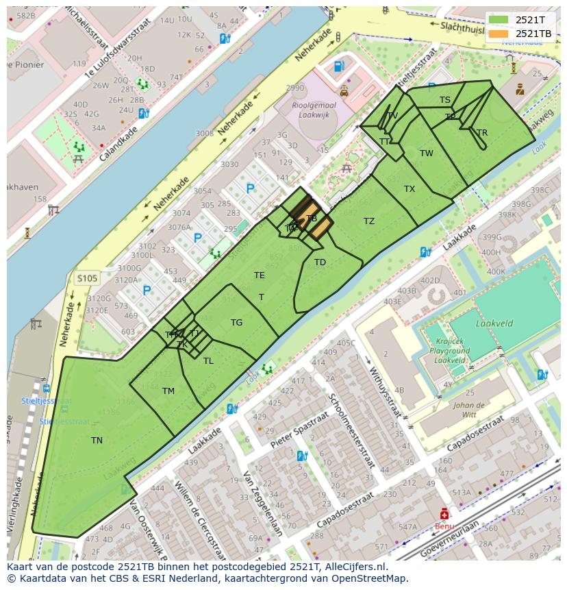 Afbeelding van het postcodegebied 2521 TB op de kaart.