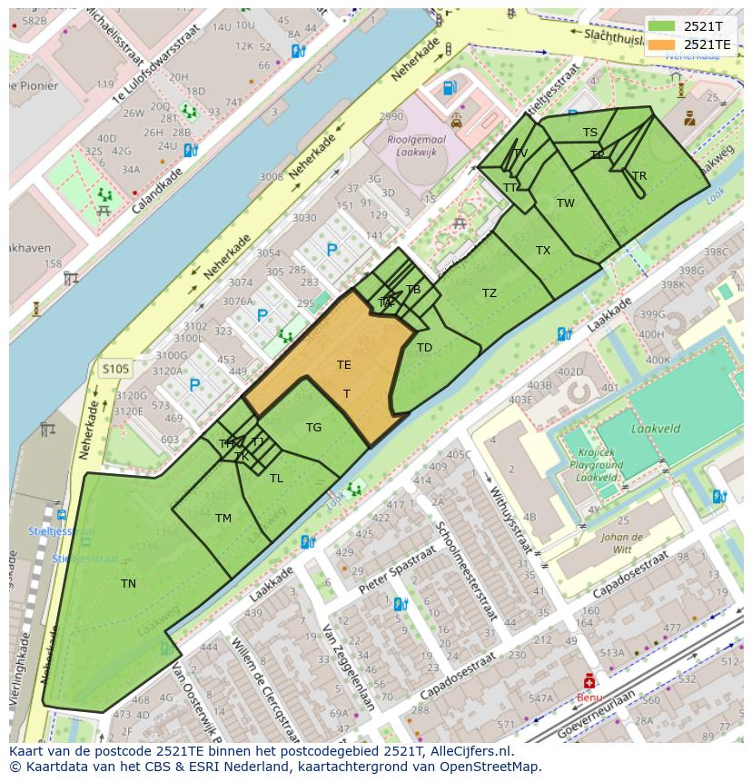 Afbeelding van het postcodegebied 2521 TE op de kaart.