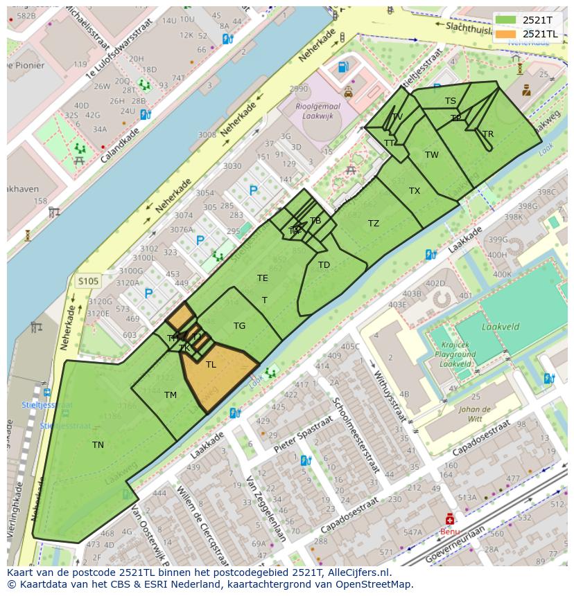 Afbeelding van het postcodegebied 2521 TL op de kaart.