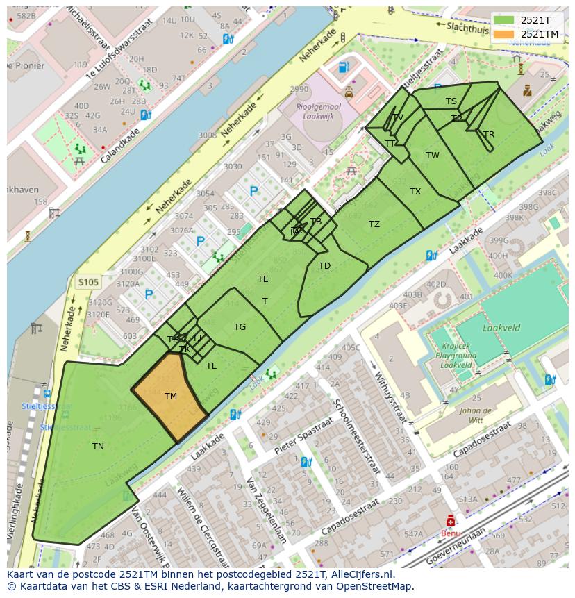 Afbeelding van het postcodegebied 2521 TM op de kaart.