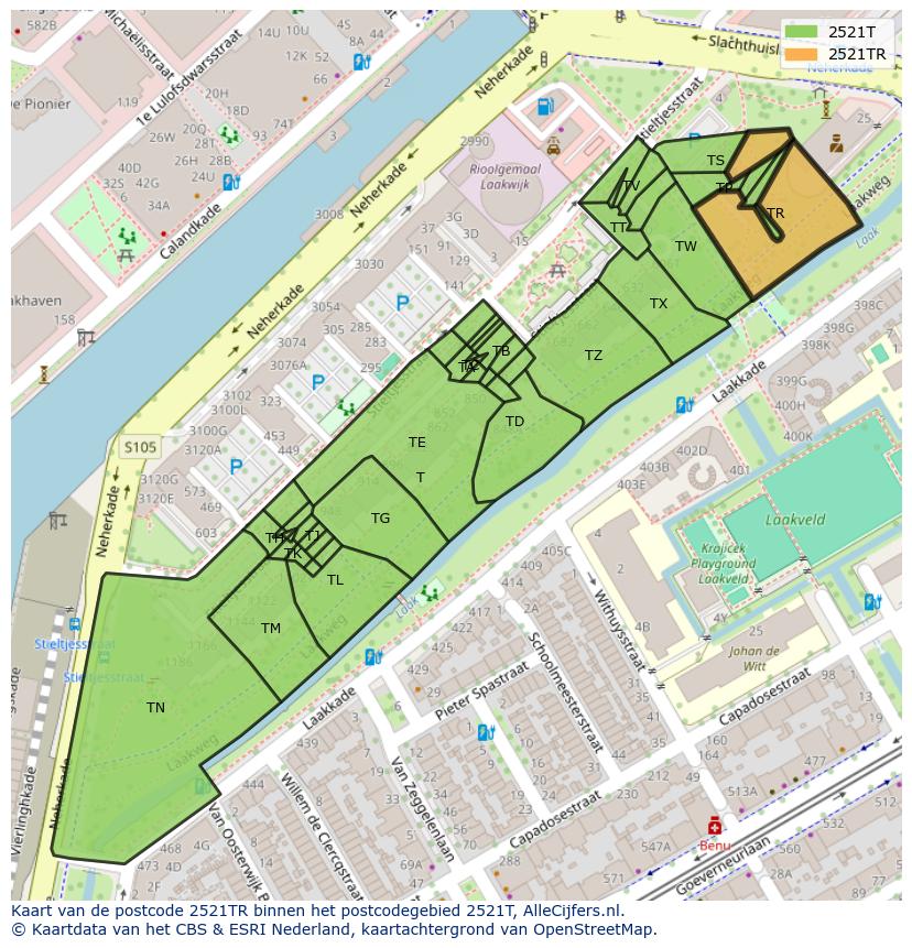 Afbeelding van het postcodegebied 2521 TR op de kaart.