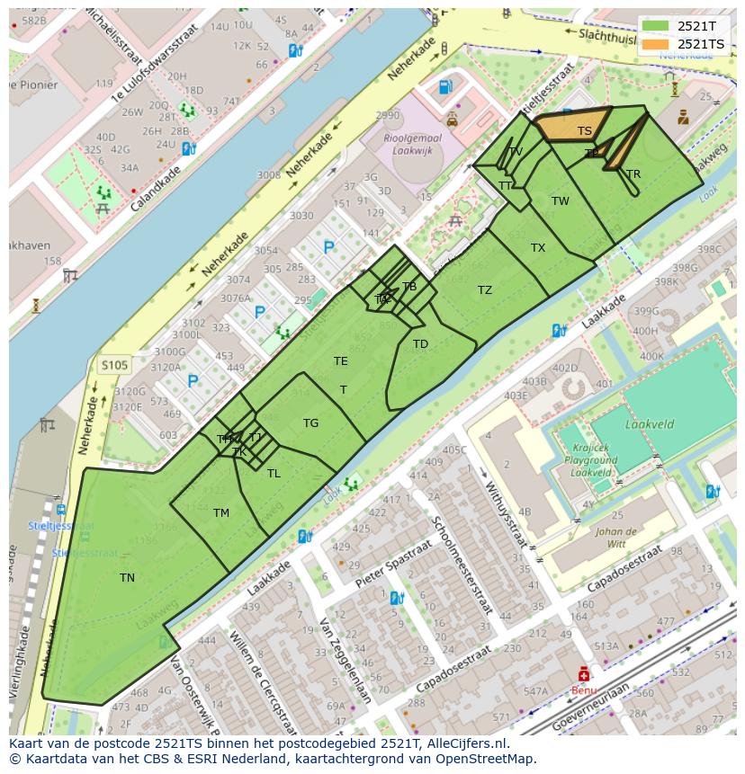 Afbeelding van het postcodegebied 2521 TS op de kaart.