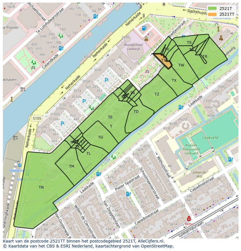 Afbeelding van het postcodegebied 2521 TT op de kaart.