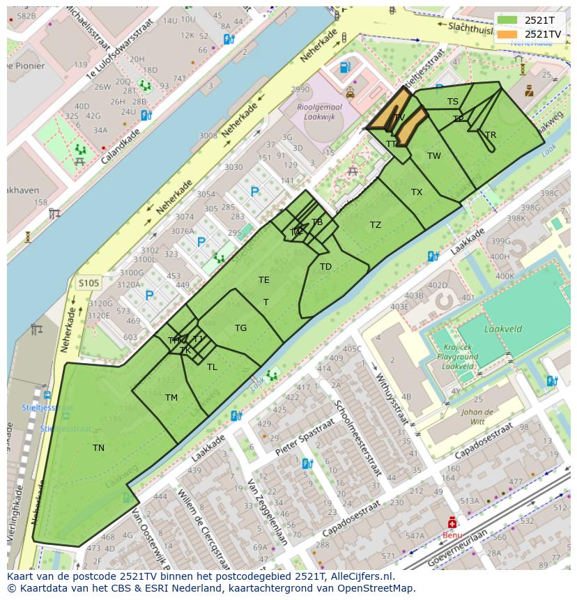 Afbeelding van het postcodegebied 2521 TV op de kaart.