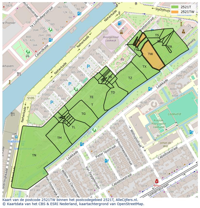Afbeelding van het postcodegebied 2521 TW op de kaart.