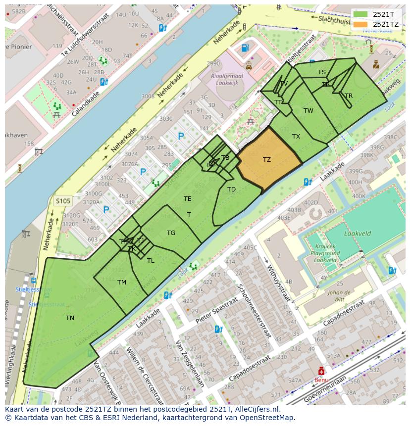 Afbeelding van het postcodegebied 2521 TZ op de kaart.