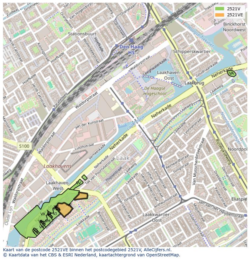Afbeelding van het postcodegebied 2521 VE op de kaart.