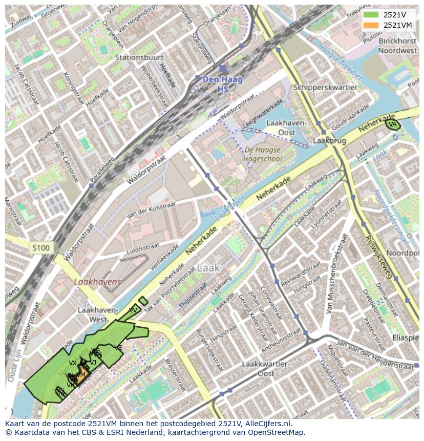 Afbeelding van het postcodegebied 2521 VM op de kaart.