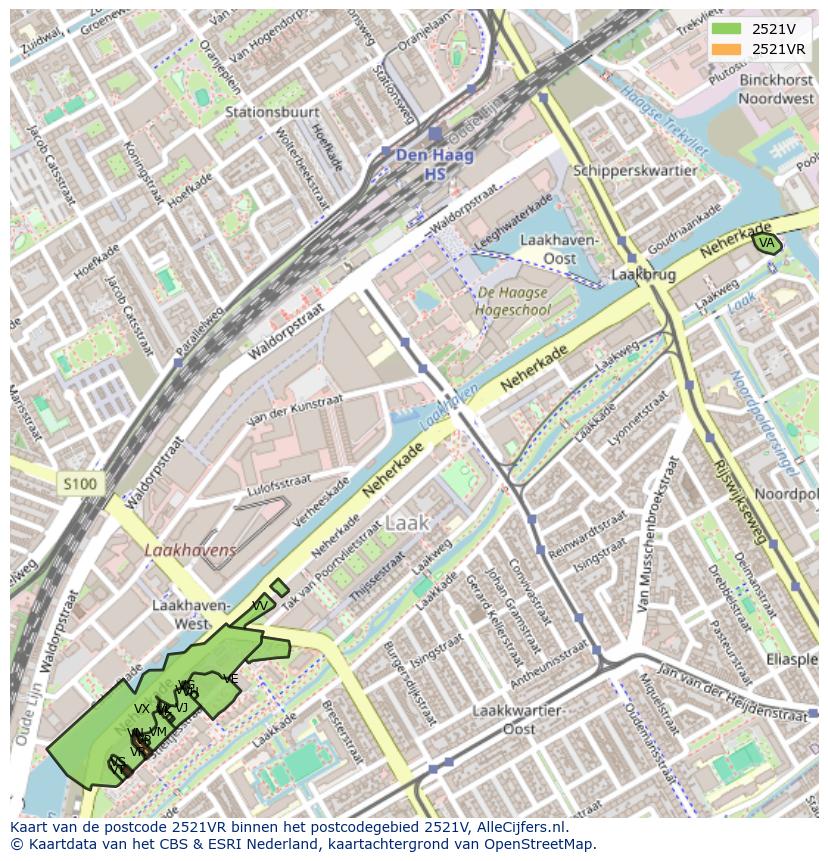 Afbeelding van het postcodegebied 2521 VR op de kaart.