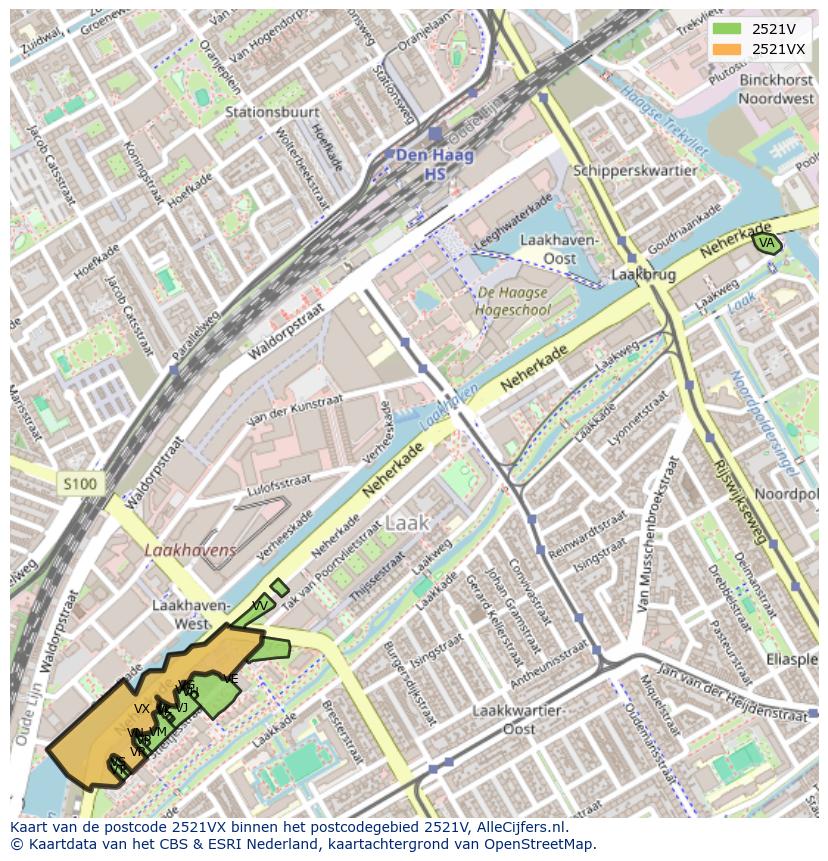 Afbeelding van het postcodegebied 2521 VX op de kaart.
