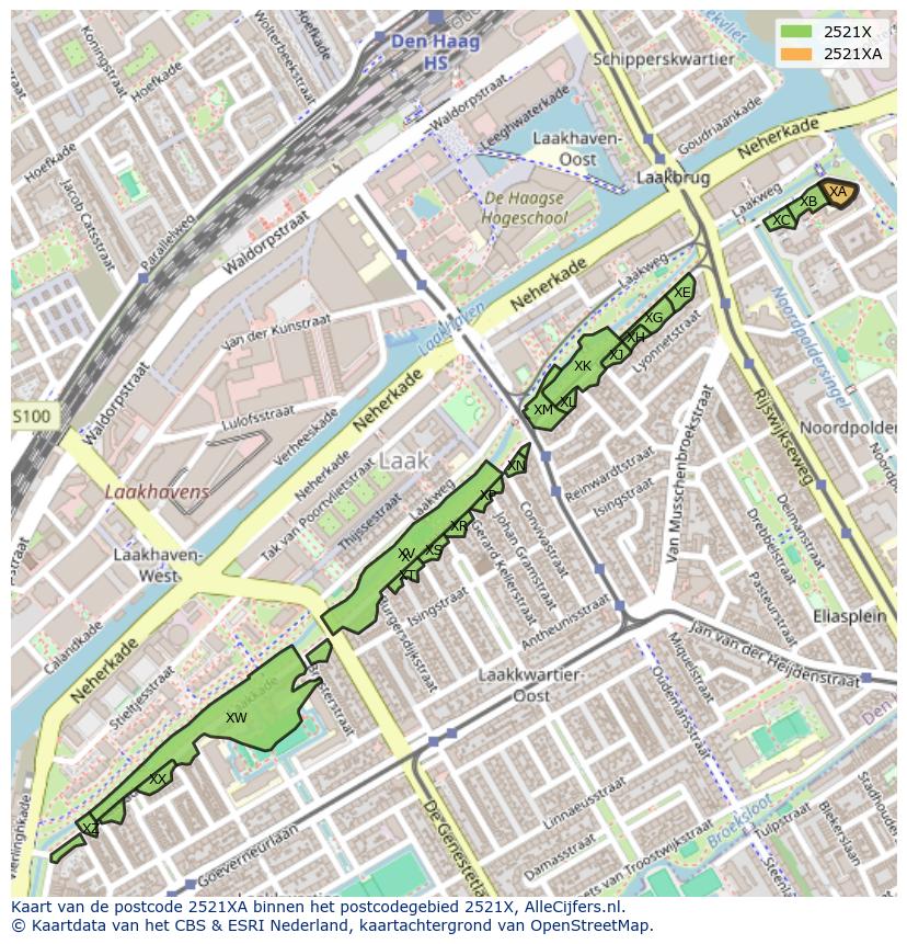 Afbeelding van het postcodegebied 2521 XA op de kaart.