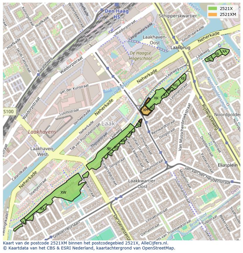 Afbeelding van het postcodegebied 2521 XM op de kaart.