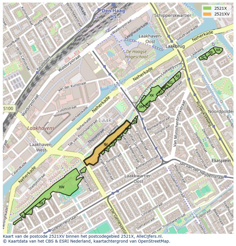 Afbeelding van het postcodegebied 2521 XV op de kaart.