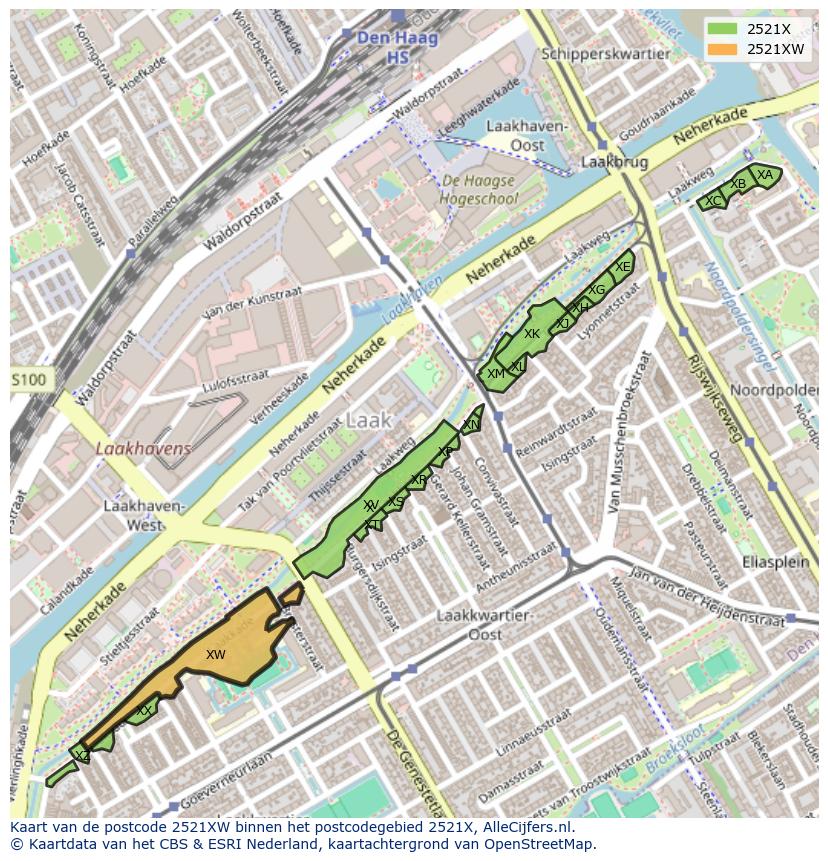 Afbeelding van het postcodegebied 2521 XW op de kaart.