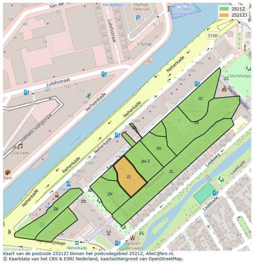 Afbeelding van het postcodegebied 2521 ZJ op de kaart.
