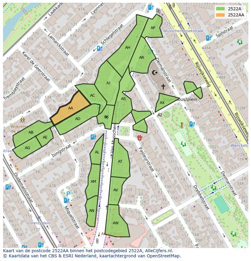 Afbeelding van het postcodegebied 2522 AA op de kaart.
