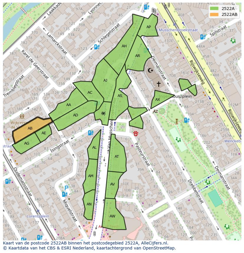 Afbeelding van het postcodegebied 2522 AB op de kaart.