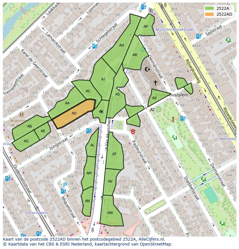 Afbeelding van het postcodegebied 2522 AD op de kaart.