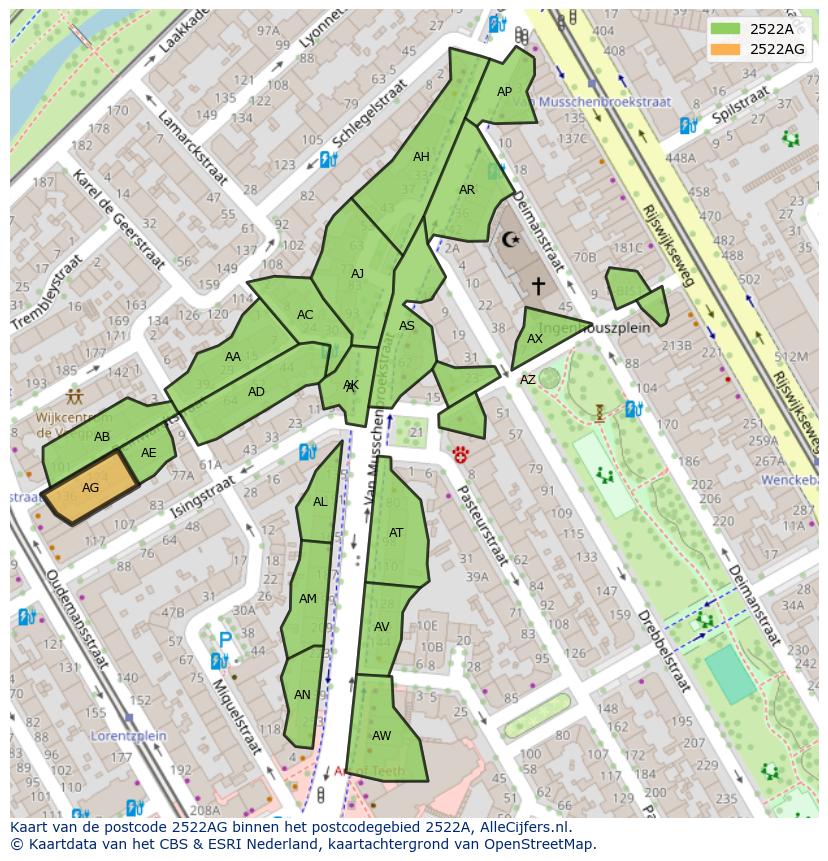 Afbeelding van het postcodegebied 2522 AG op de kaart.