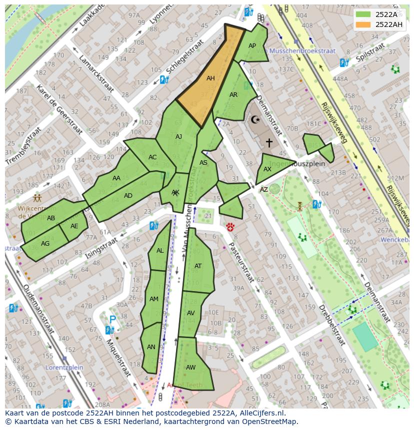 Afbeelding van het postcodegebied 2522 AH op de kaart.