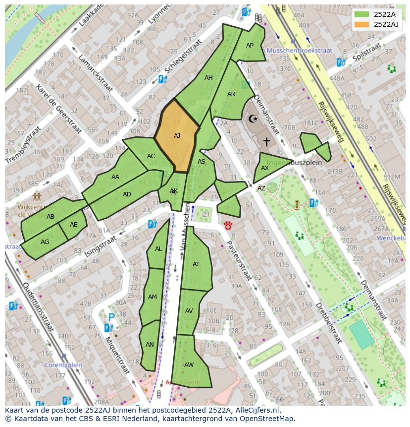Afbeelding van het postcodegebied 2522 AJ op de kaart.