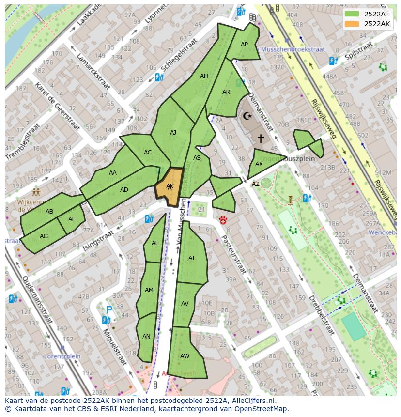 Afbeelding van het postcodegebied 2522 AK op de kaart.