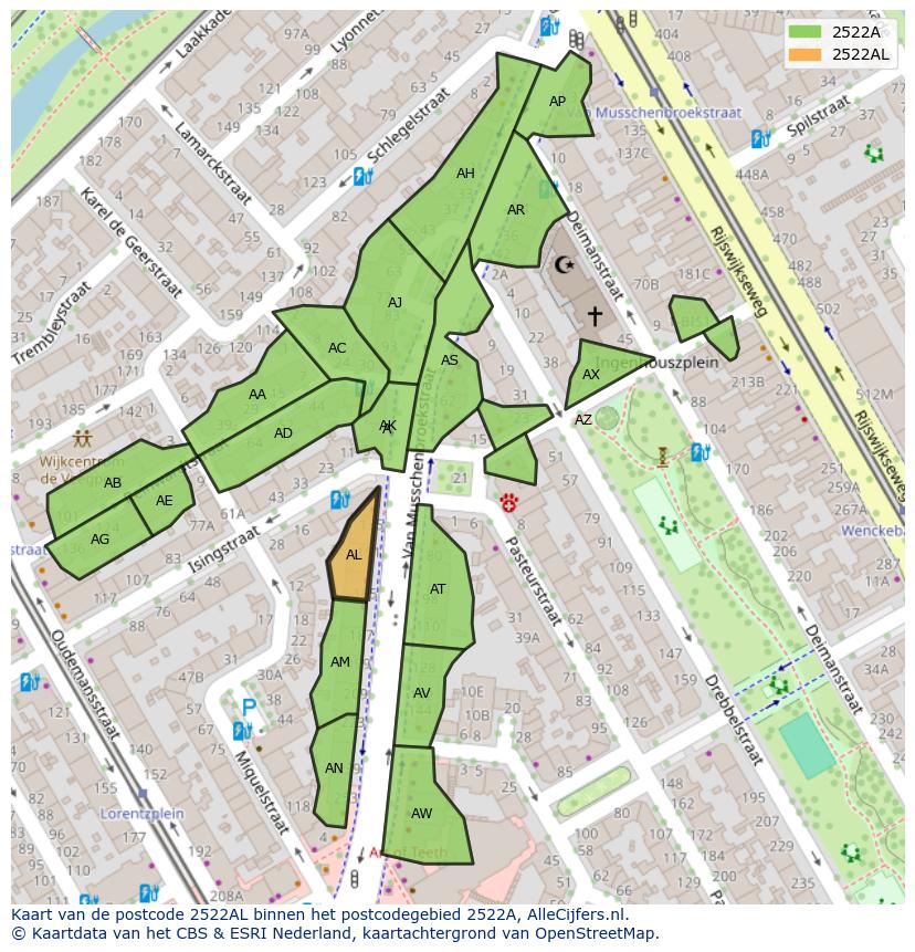 Afbeelding van het postcodegebied 2522 AL op de kaart.