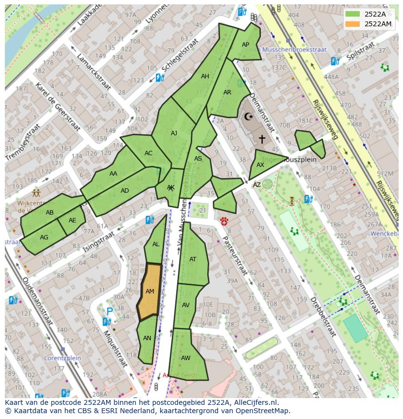 Afbeelding van het postcodegebied 2522 AM op de kaart.