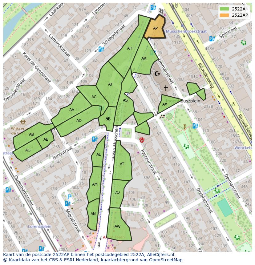 Afbeelding van het postcodegebied 2522 AP op de kaart.