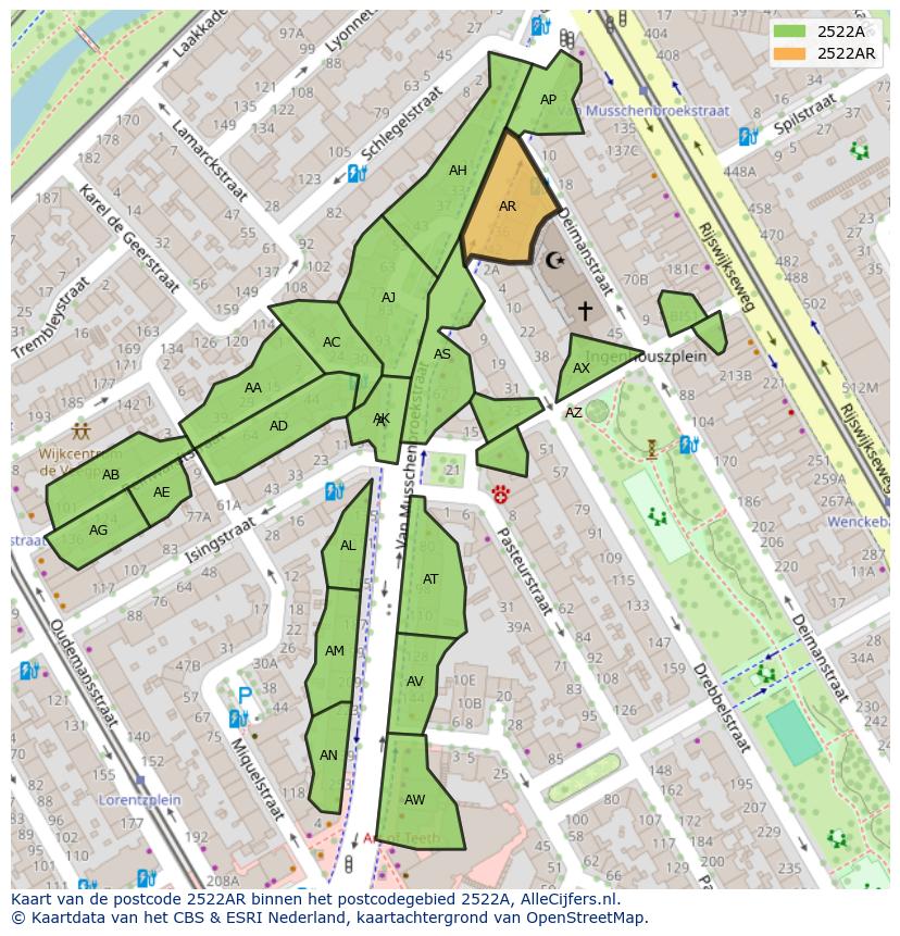 Afbeelding van het postcodegebied 2522 AR op de kaart.