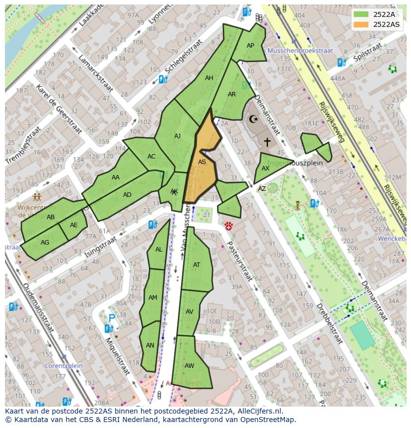 Afbeelding van het postcodegebied 2522 AS op de kaart.