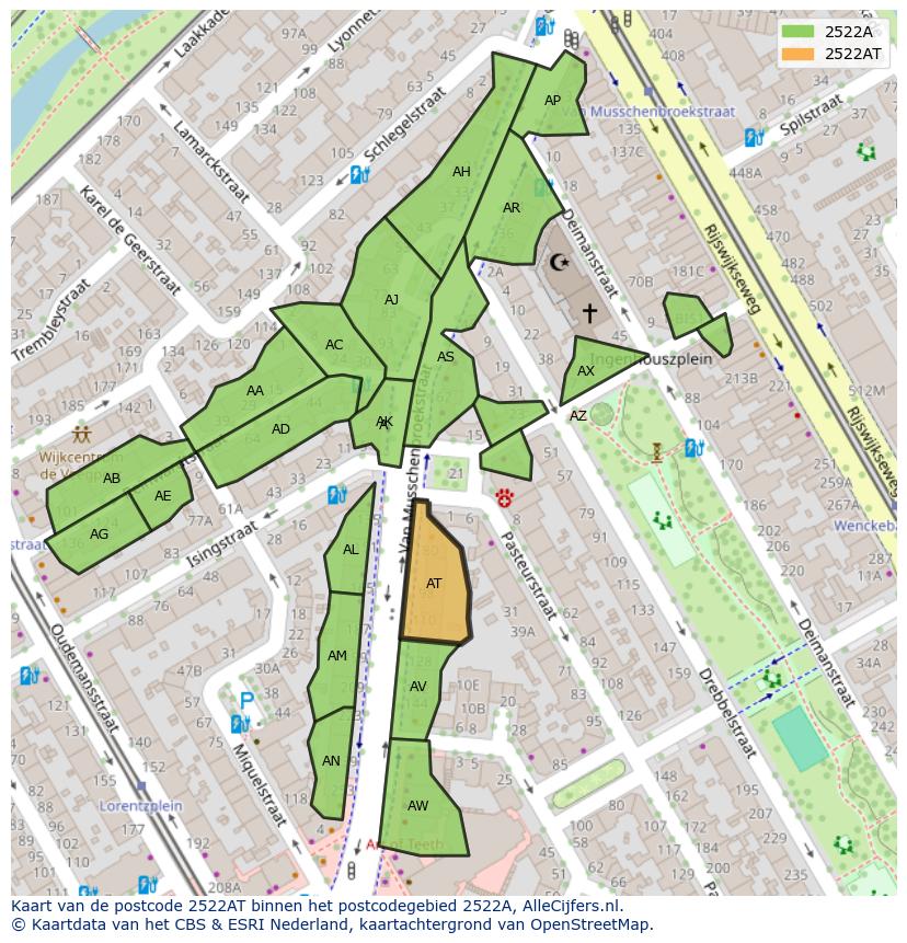 Afbeelding van het postcodegebied 2522 AT op de kaart.