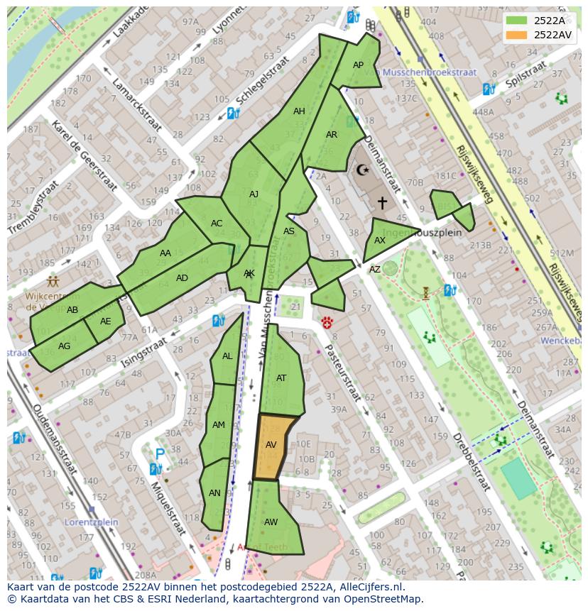 Afbeelding van het postcodegebied 2522 AV op de kaart.