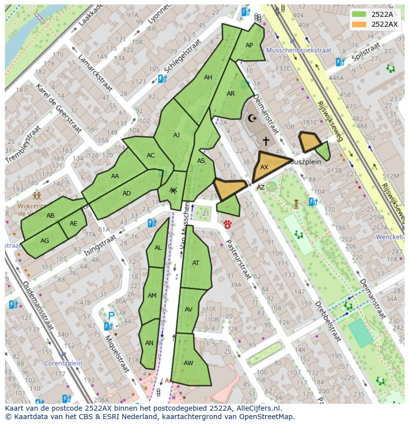 Afbeelding van het postcodegebied 2522 AX op de kaart.