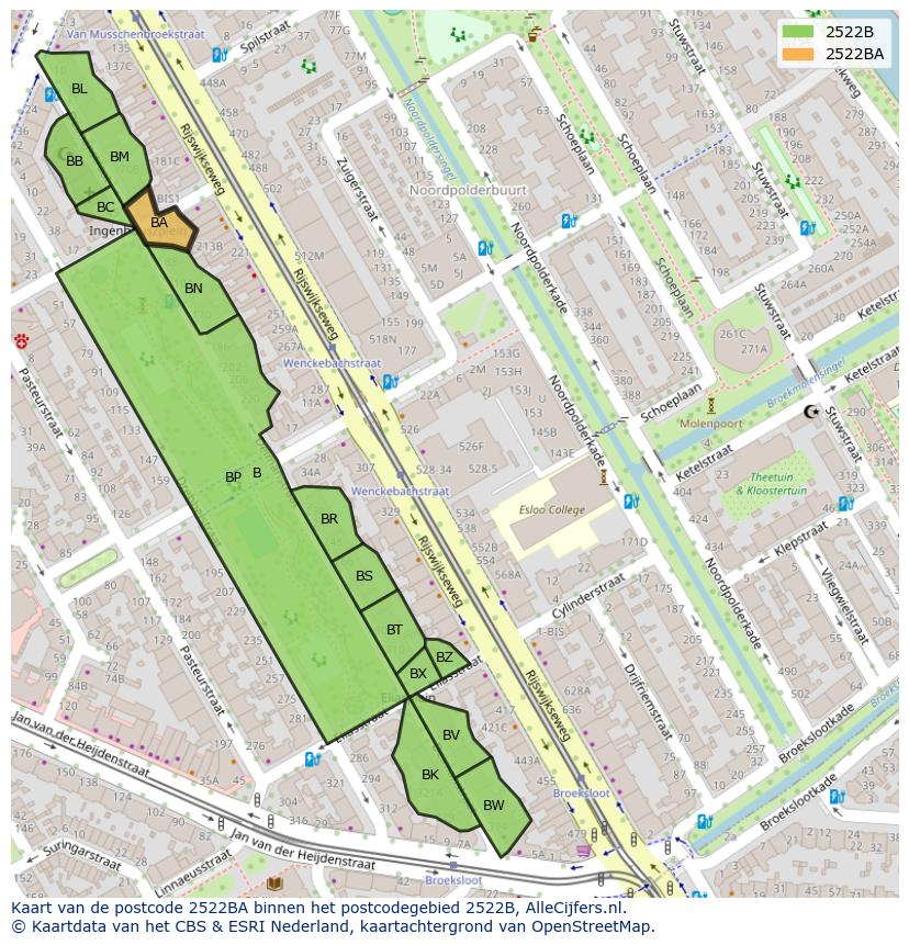 Afbeelding van het postcodegebied 2522 BA op de kaart.