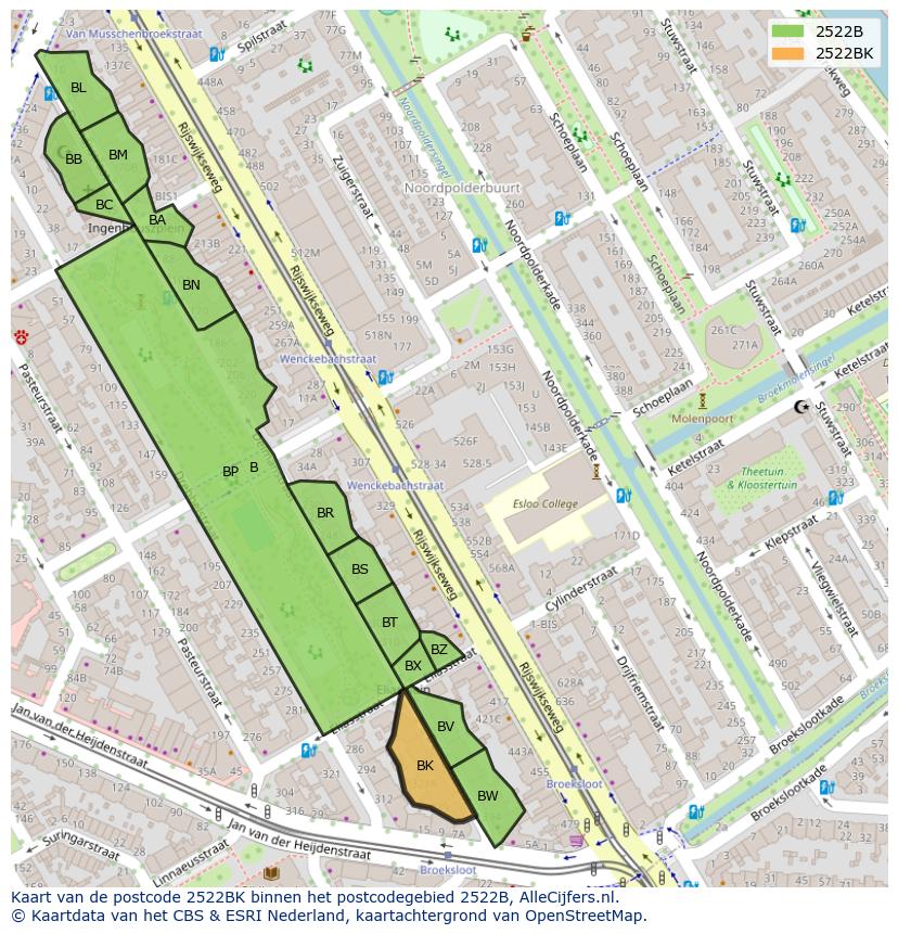 Afbeelding van het postcodegebied 2522 BK op de kaart.