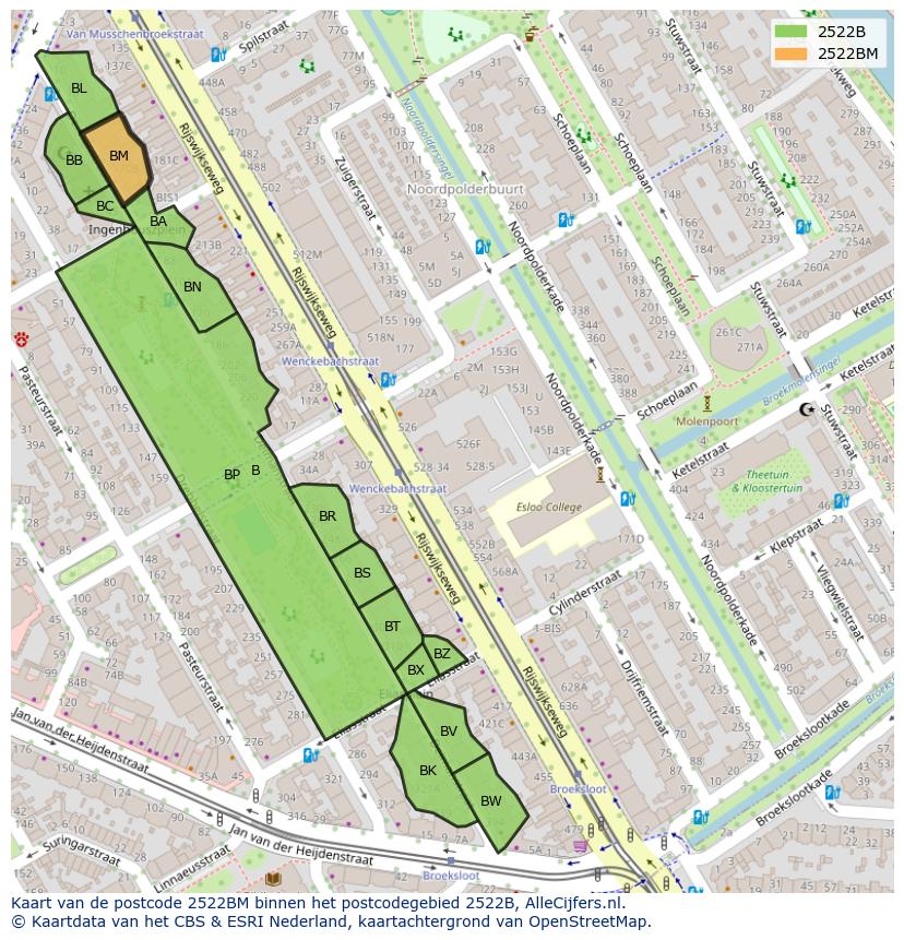Afbeelding van het postcodegebied 2522 BM op de kaart.